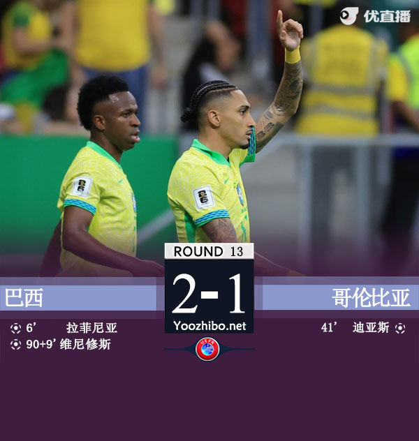 巴西2-1哥伦比亚升至第二，维尼修斯造点+世界波绝杀！