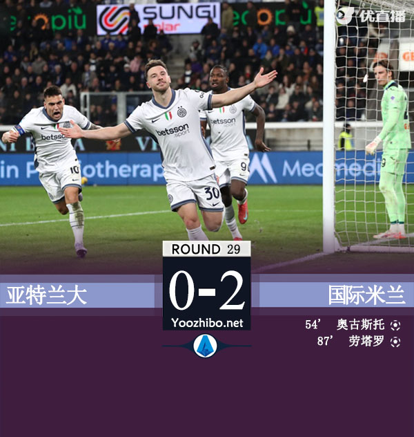 国米2-0亚特兰大3分优势领跑 劳塔罗破门巴斯托尼染红