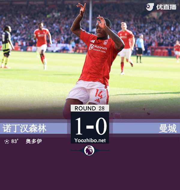 曼城0-1森林先赛仍第4 森林终结对曼城三连败奥多伊制胜