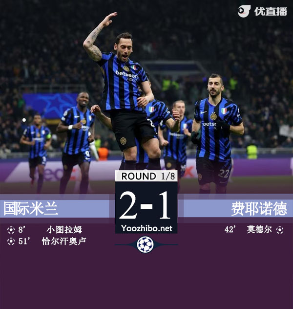 国米2-1总比分4-1费耶诺德晋级将战拜仁 图拉姆恰20破门