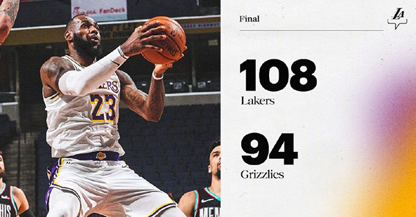 NBA简报：湖人108-94轻取灰熊 詹姆斯22+13+8